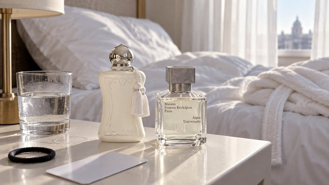Parfums de Marly Valaya a Aqua Universalis na nočním stolku v hotelu