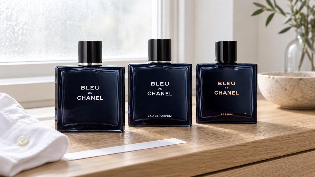 Tri bočice Bleu de Chanel: Eau de Toilette, Eau de Parfum i Parfum u blagom dnevnom svjetlu.