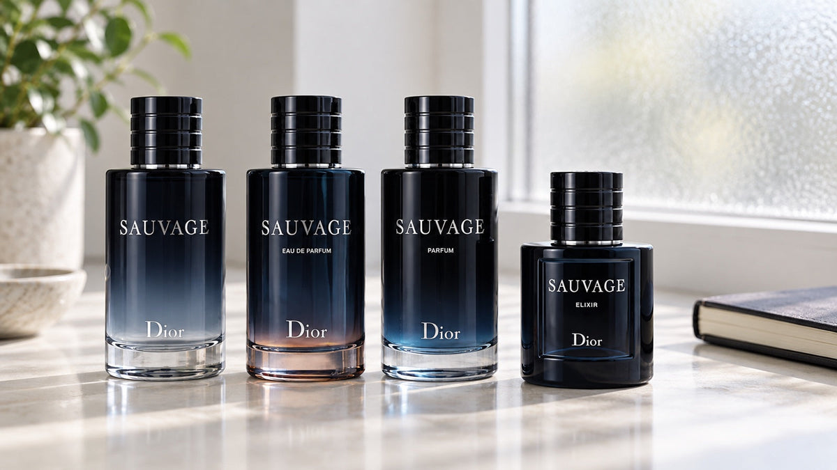 Štyri flakóny Dior Sauvage: Eau de Toilette, Eau de Parfum, Parfum a Elixir v dennom svetle.