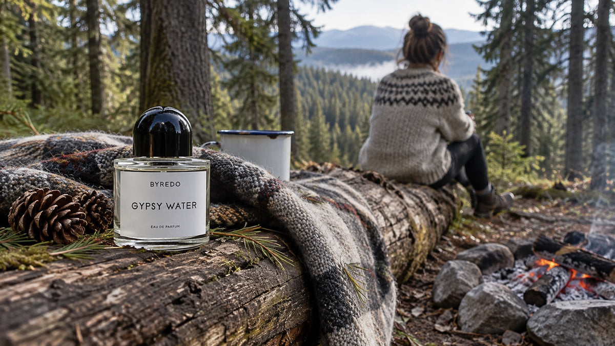 Byredo Gypsy Water na kládě u ohniště v šumavském lese
