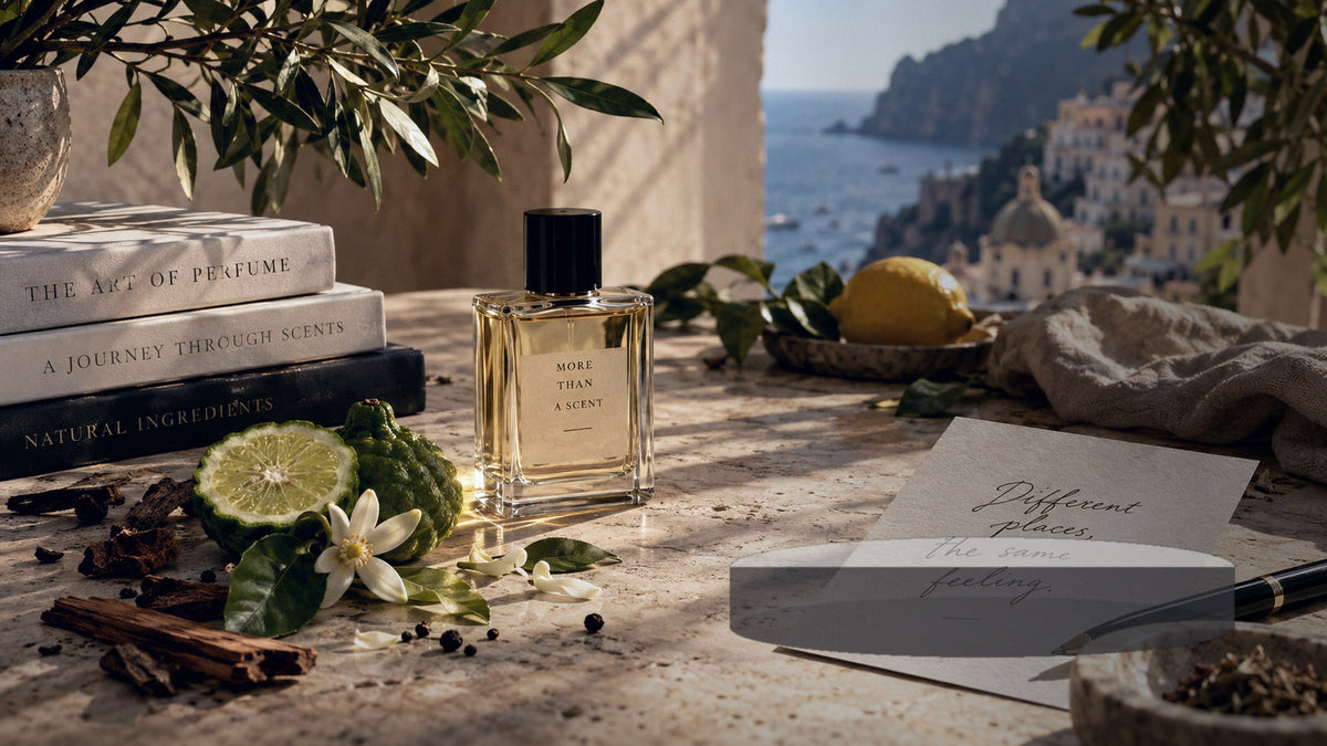 Prawdziwe perfumy obok laptopa z bazą recenzji i informacji o zapachach