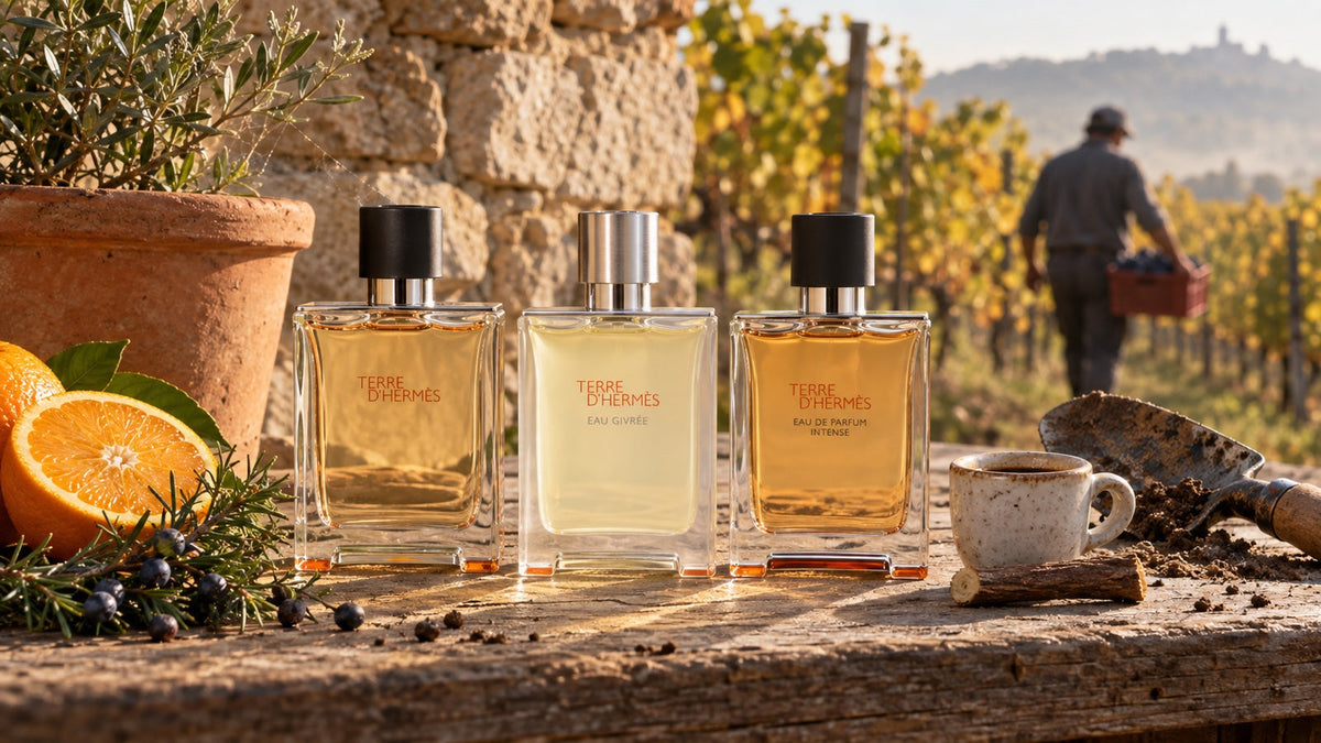 Tři verze Terre d'Hermès na lavici ve vinici s pomerančem, jalovcem a kávou