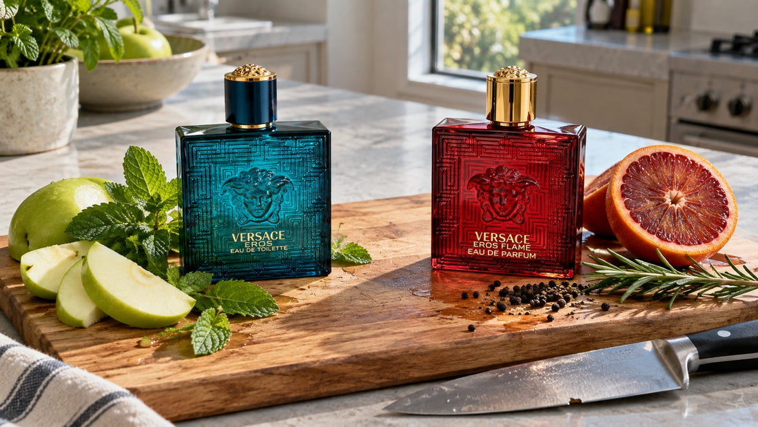 Versace Eros a Eros Flame na prkénku s mátou, jablkem, pomerančem a pepřem