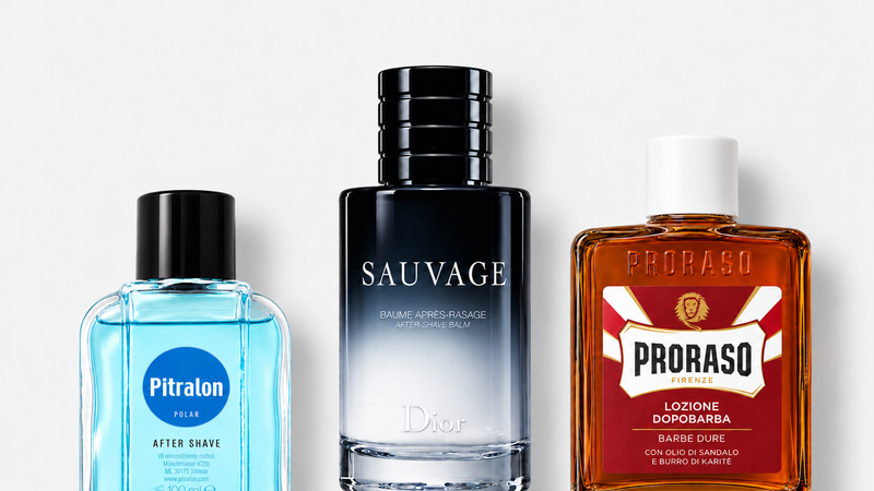 Voda po holení — Pitralon Polar 100 ml, Dior Sauvage 100 ml, PRORASO Red After Shave Lotion 100 ml; tři produkty na světlém šedém pozadí
