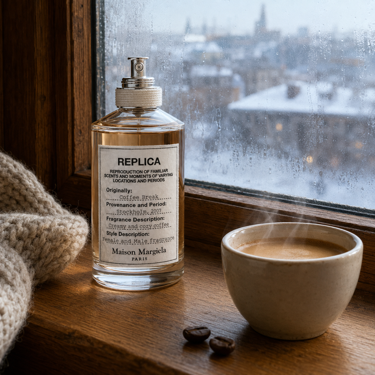 Maison Margiela REPLICA Coffee Break na okenním stolku vedle šálku kávy a pleteniny – MrRizz