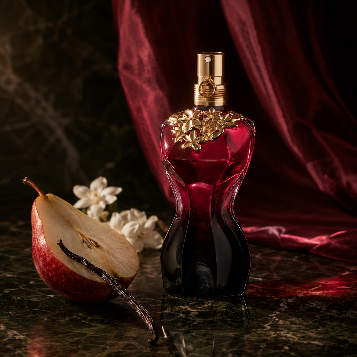 Jean Paul Gaultier La Belle Le Parfum v temně červeném hruškovém zátiší – MrRizz