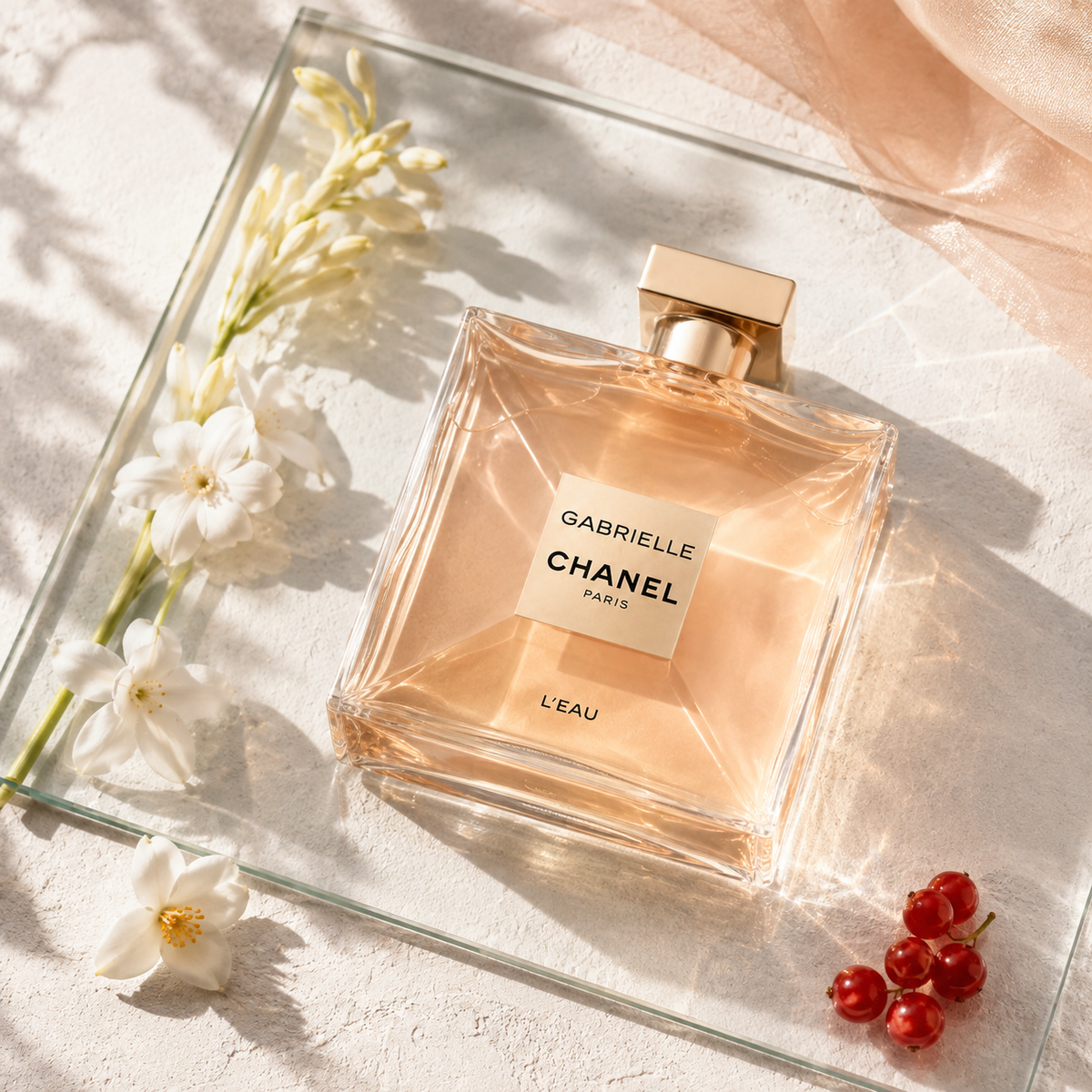 Chanel Gabrielle L’Eau ve vzdušném bílém květinovém zátiší s červeným rybízem – MrRizz