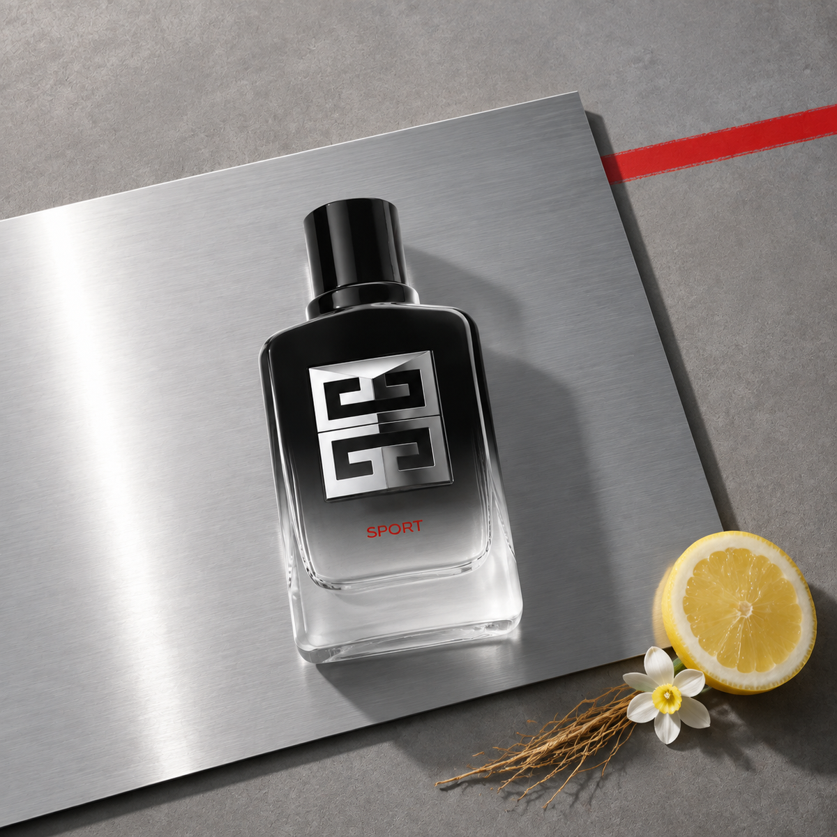 Givenchy Gentleman Society Sport v energickém grafickém zátiší s citronem a narcisem – MrRizz