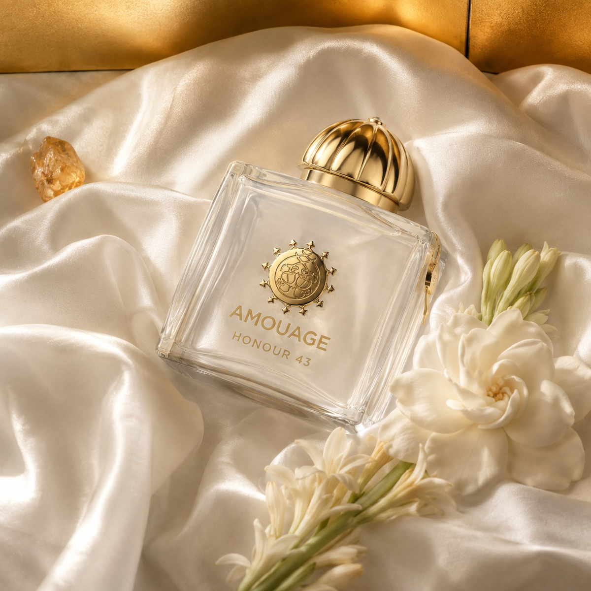Amouage Honour 43 Woman v perleťovém zátiší s bílými květy – MrRizz