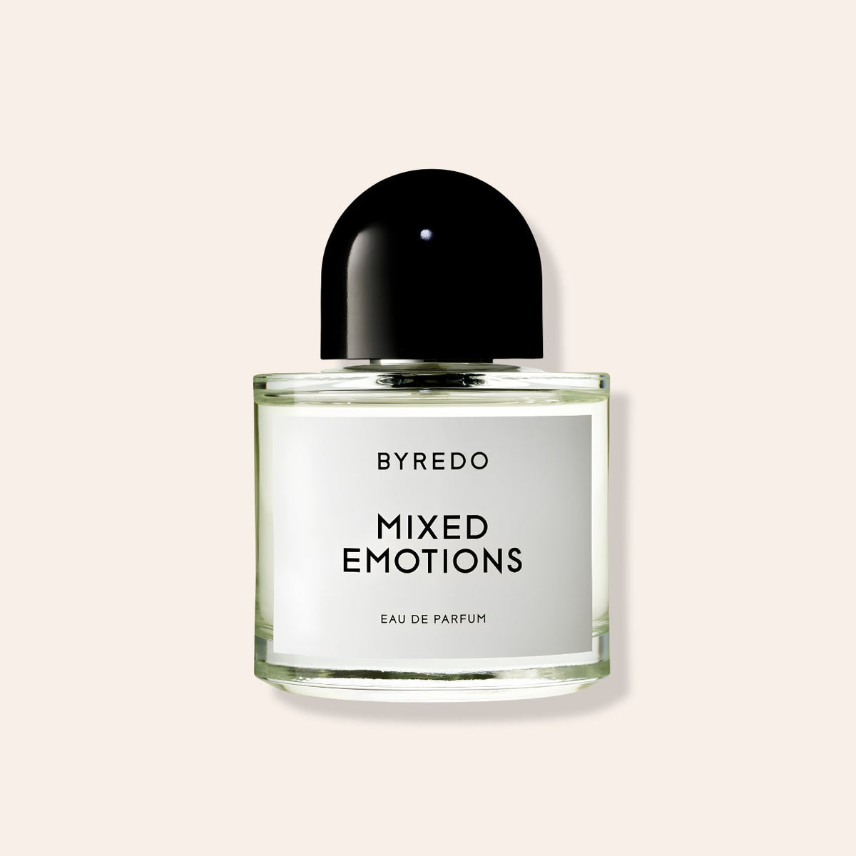 Flakon Byredo Mixed Emotions Eau de Parfum s černým uzávěrem na světlém pozadí – MrRizz