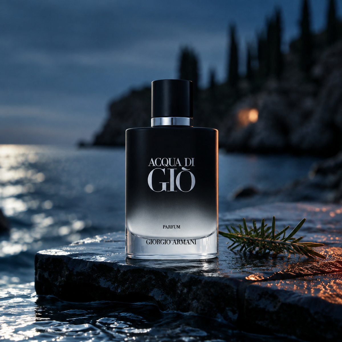 Giorgio Armani Acqua di Giò Parfum na mokrém čediči u moře za soumraku – MrRizz
