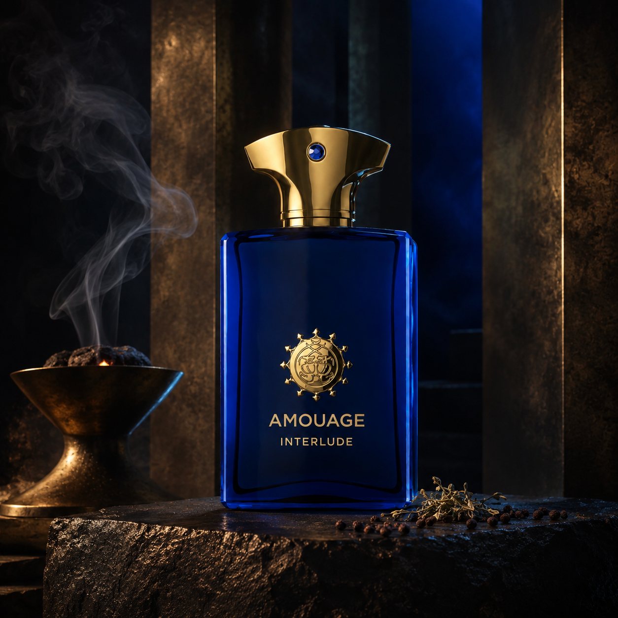 Amouage Interlude Man ve tmavém sloupoví vedle doutnající kadidelnice – MrRizz