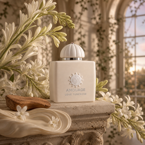 Amouage Love Tuberose v krémovém květinovém zátiší – MrRizz