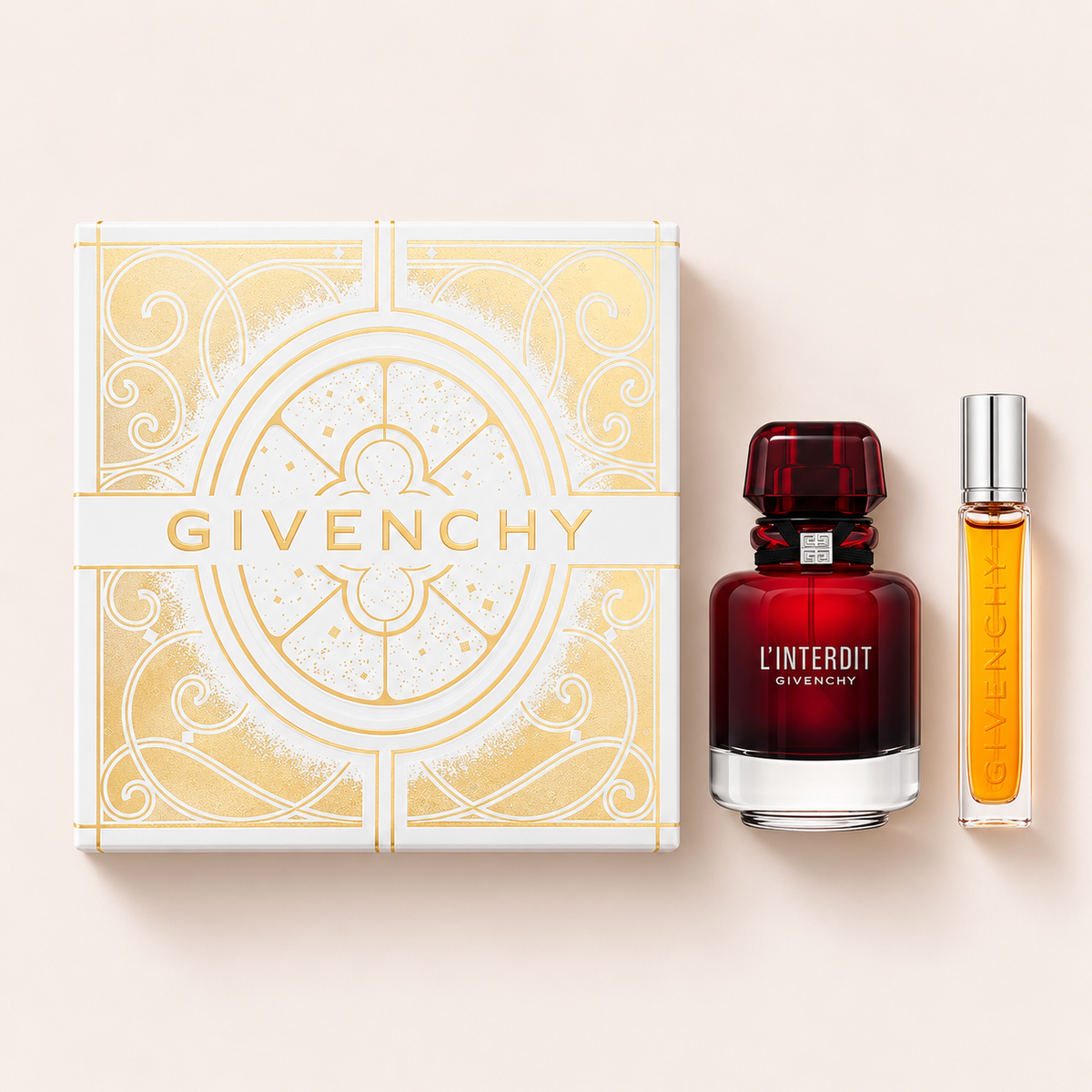 Givenchy L’Interdit Rouge EDP 50 ml a cestovní sprej 12,5 ml s bílou dárkovou krabičkou se zlatým vzorem – MrRizz