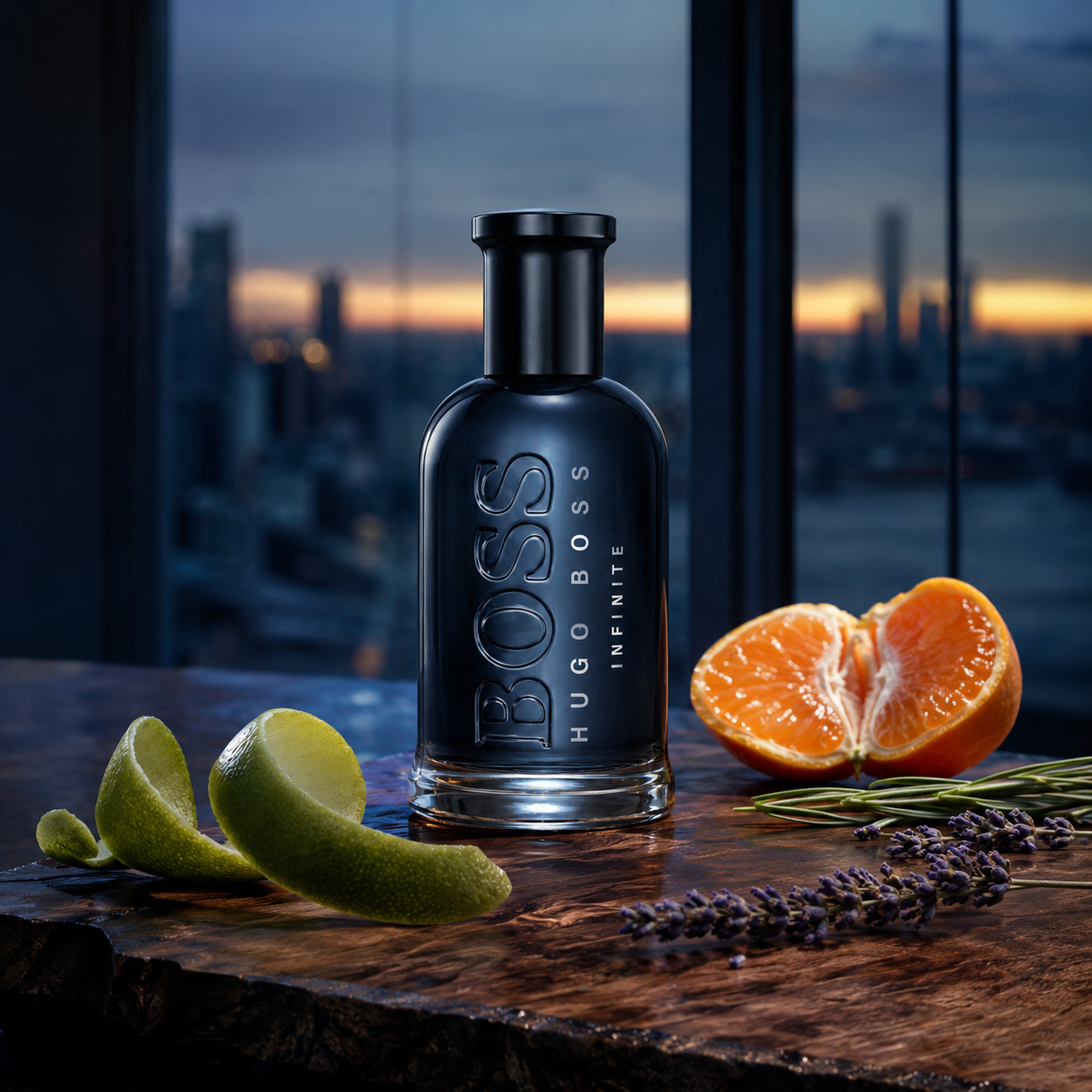 Hugo Boss BOSS Bottled Infinite EDP v emocionální scéně s citrusy, bylinami a ranním městem
