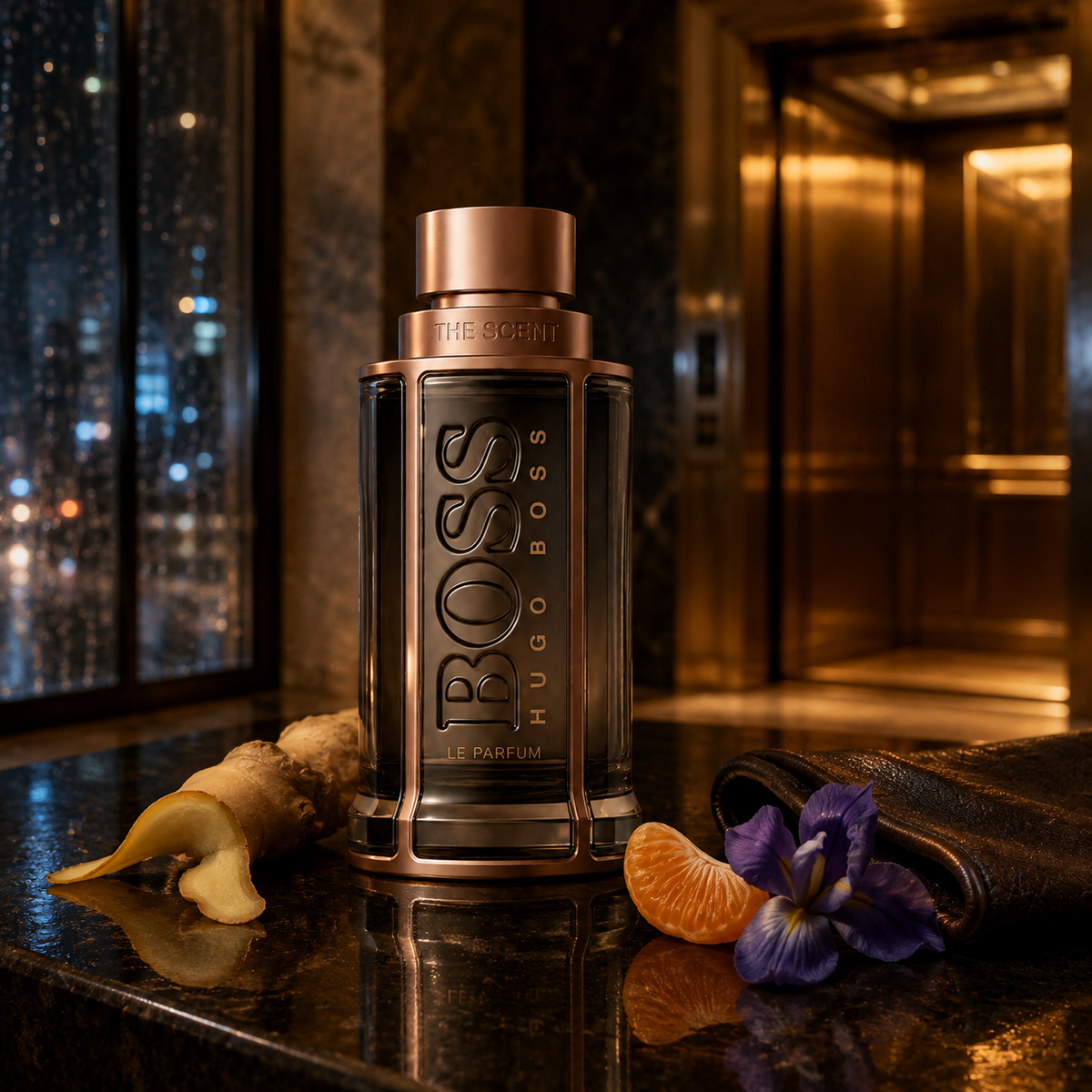 BOSS The Scent Le Parfum v nočním hotelovém interiéru