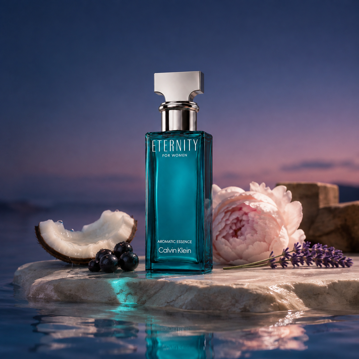 Calvin Klein Eternity Aromatic Essence pro ženy v modrém zátiší s kokosem, pivoňkou a levandulí – MrRizz