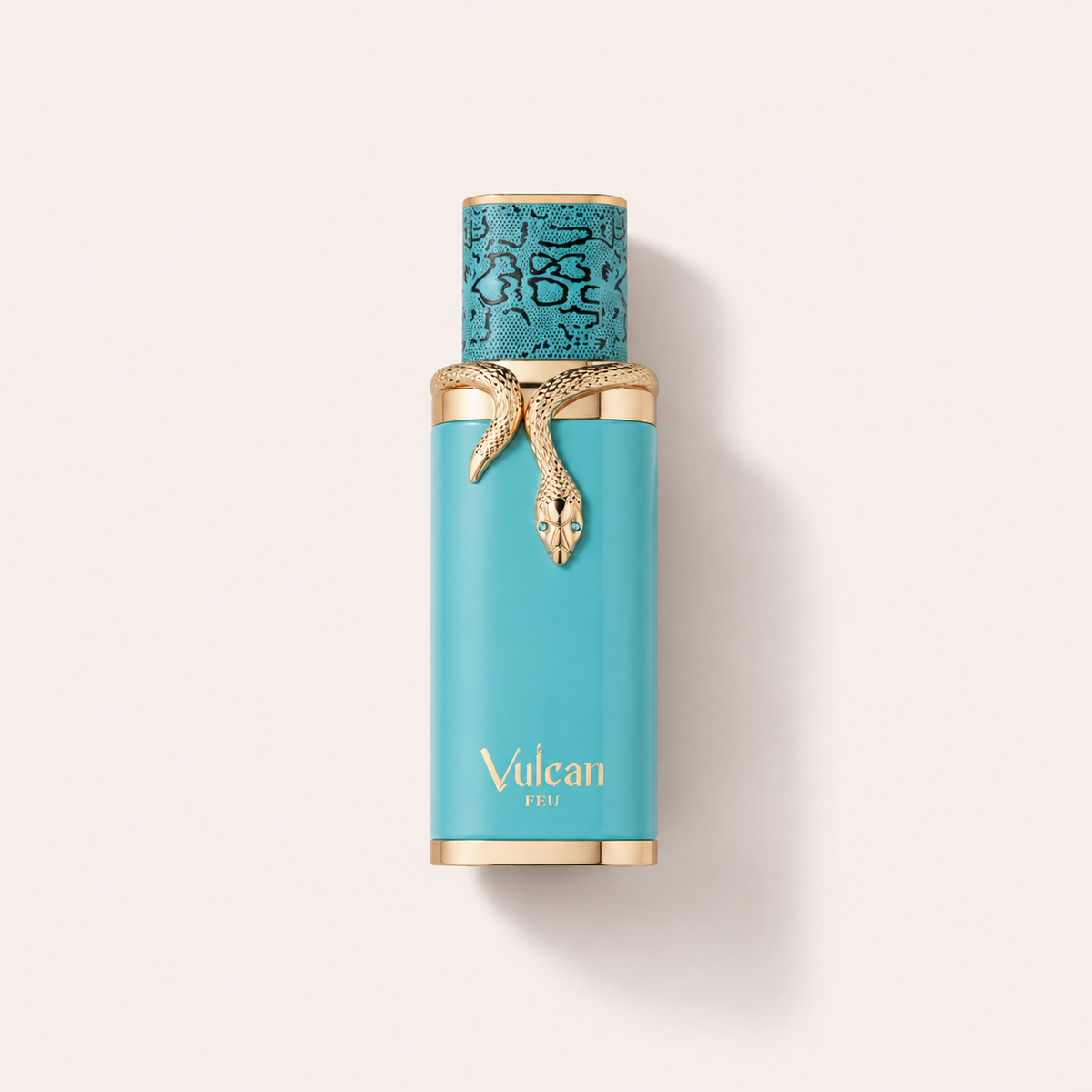 Tyrkysový flakon French Avenue Vulcan Feu 100 ml se zlatým hadem na světlém pozadí – MrRizz