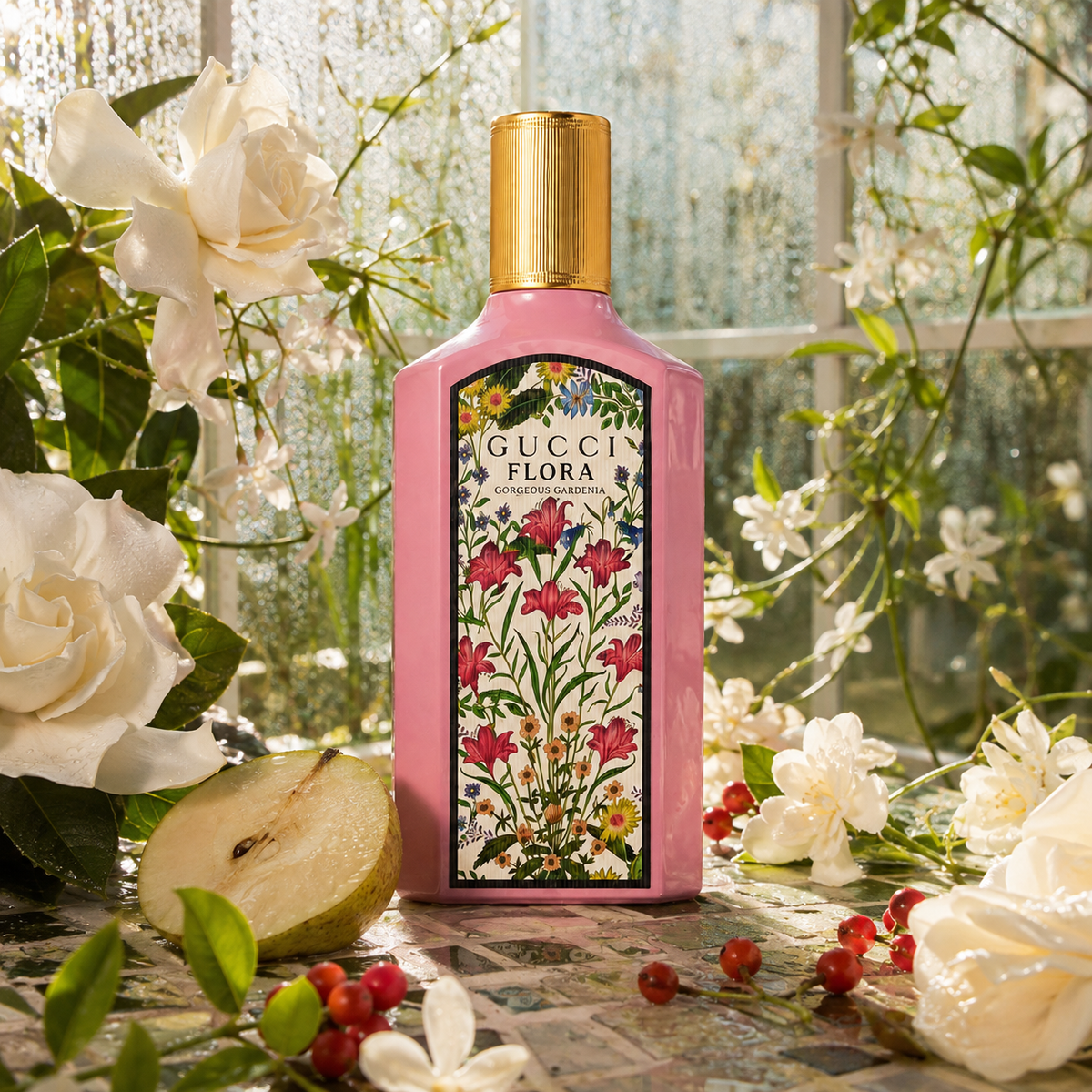 Emocionální vizuál parfému Gucci Flora Gorgeous Gardenia v ranním skleníku – MrRizz