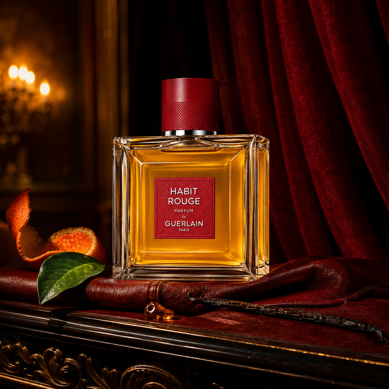 Guerlain Habit Rouge Parfum v emocionální scéně s červenou kůží, mandarinkou a vanilkou