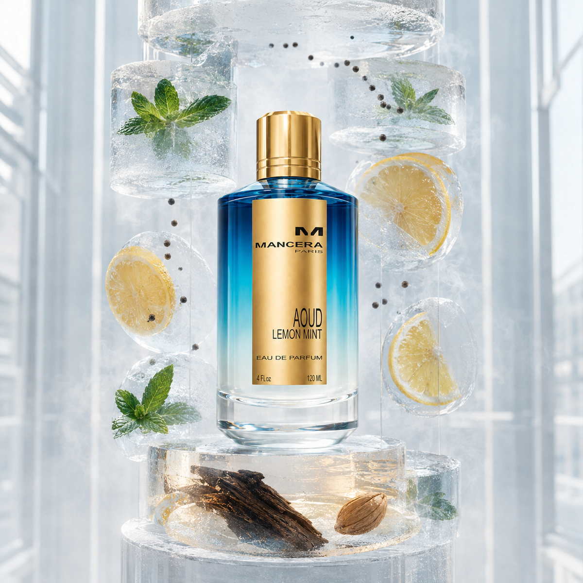 Mancera Aoud Lemon Mint EDP mezi ledovými objekty s citronem a mátou – MrRizz