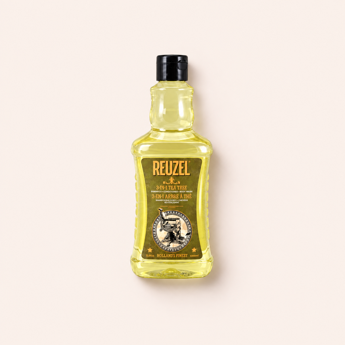 Reuzel 3 in 1 Tea Tree 1000 ml na béžovém pozadí – MrRizz