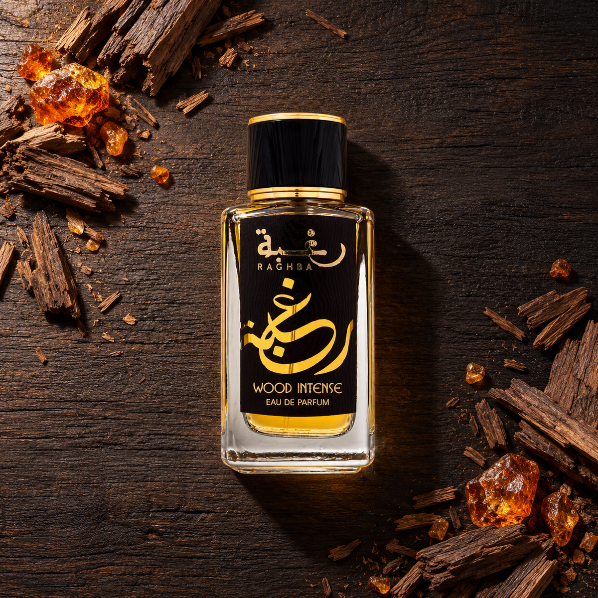 Lattafa Raghba Wood Intense EDP 100 ml – parfém v prostředí, pohled shora s bočním stínem