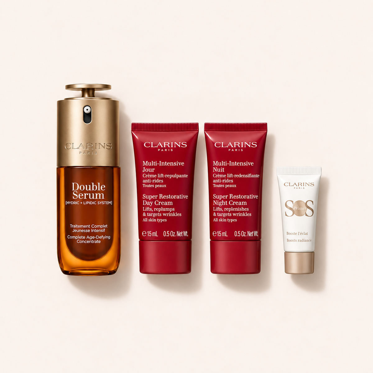 Clarins Double Serum 50 ml, Super Restorative denní a noční péče 2×15 ml a SOS Primer 5 ml, dárková sada – MrRizz