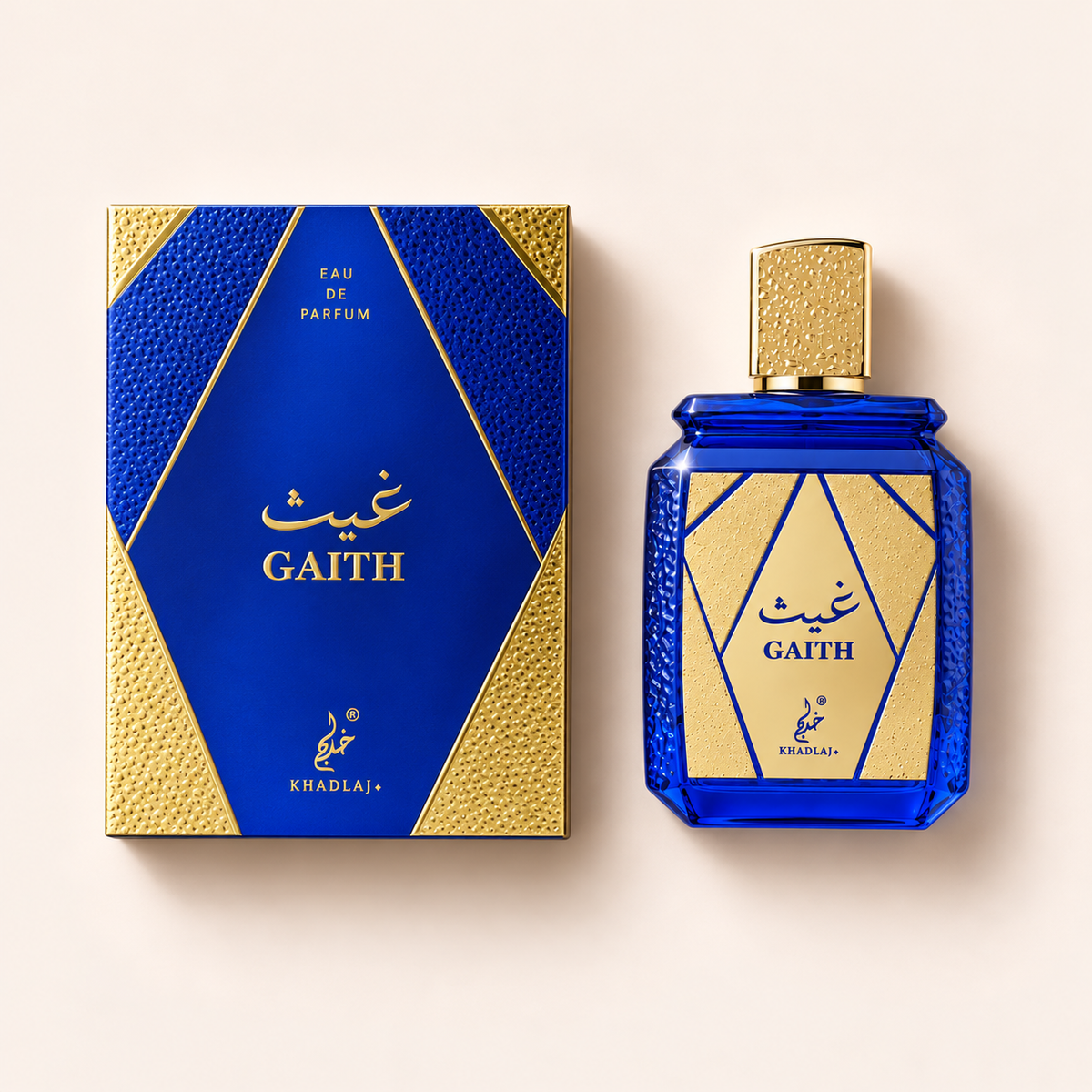 Khadlaj Gaith EDP 100 ml – flakon s originálním obalem na béžovém pozadí, pohled shora