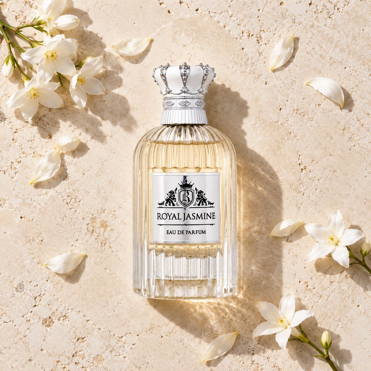 Assala Prime Royal Jasmine EDP 100 ml – parfém v prostředí, pohled shora s bočním stínem