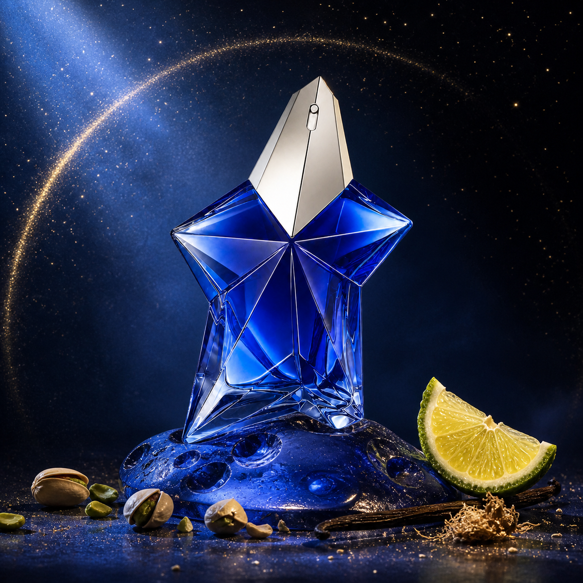 Mugler Angel Stellar na modrém podstavci pod hvězdnou oblohou s pistáciemi a vanilkou – MrRizz