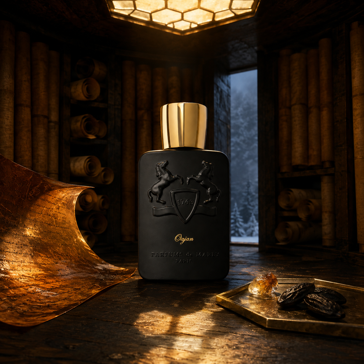 Parfums de Marly Oajan EDP ve tmavé knihovně se svitky, zlatým podnosem a zasněženým lesem za oknem – MrRizz