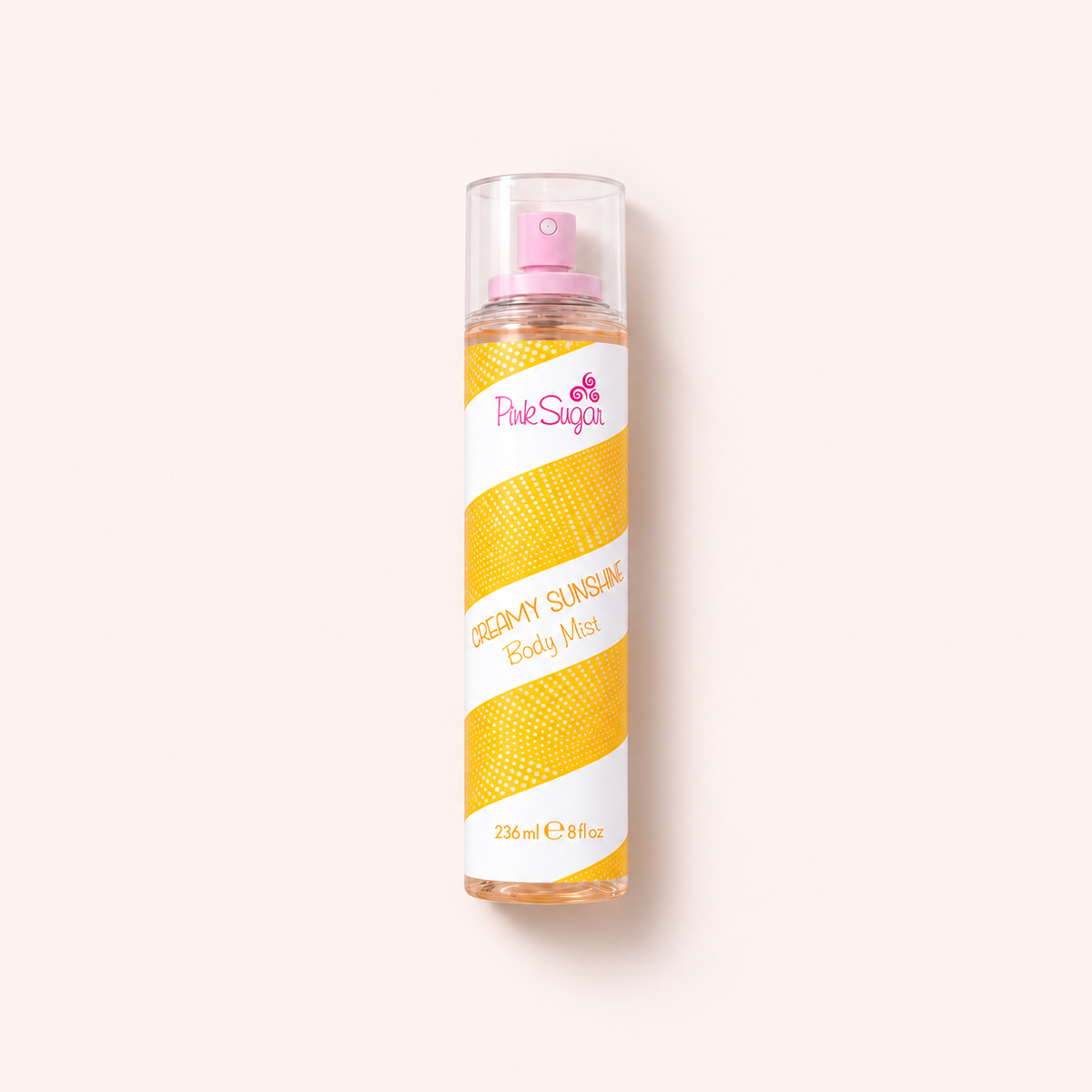 Pink Sugar Creamy Sunshine tělový sprej 236 ml na teplém růžovém pozadí – MrRizz
