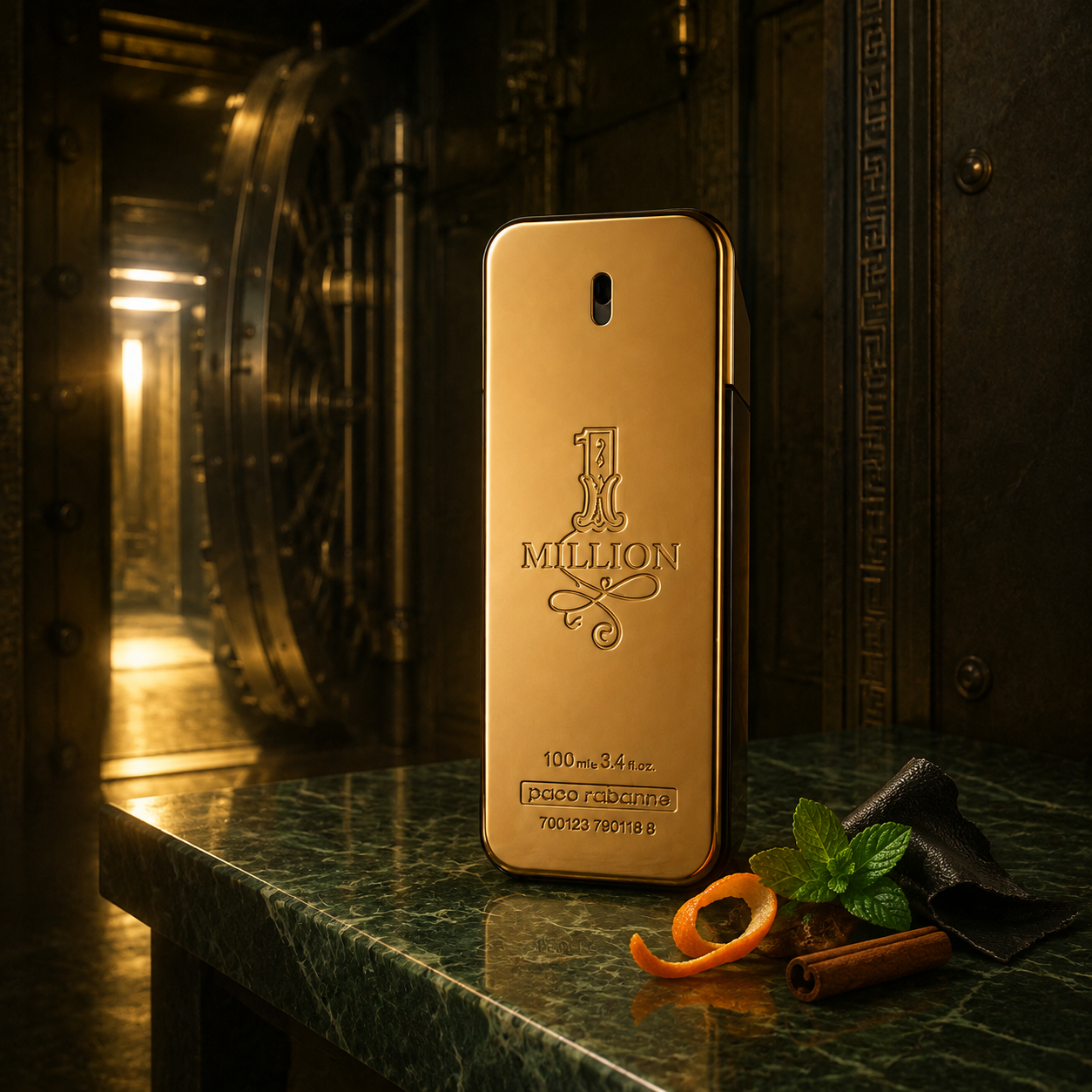 Emocionální vizuál parfému Rabanne 1 Million EDT v nočním zlatém trezoru
