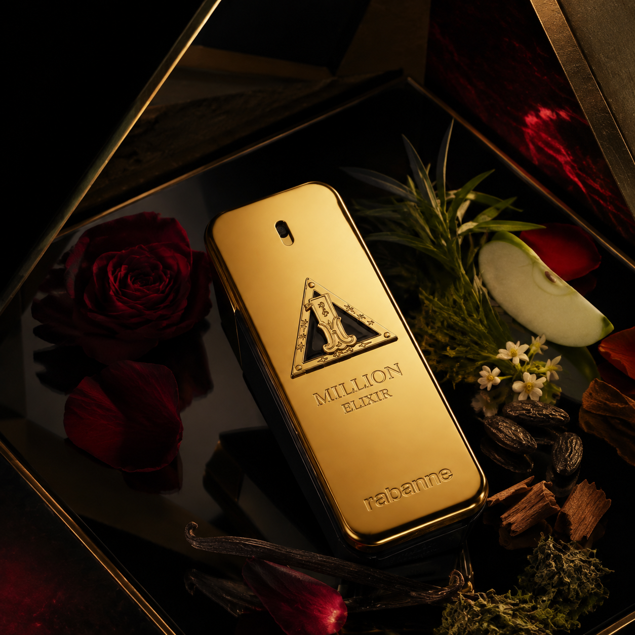 Rabanne 1 Million Elixir – noční zlaté zátiší s jablkem, růží, vanilkou a tonkou