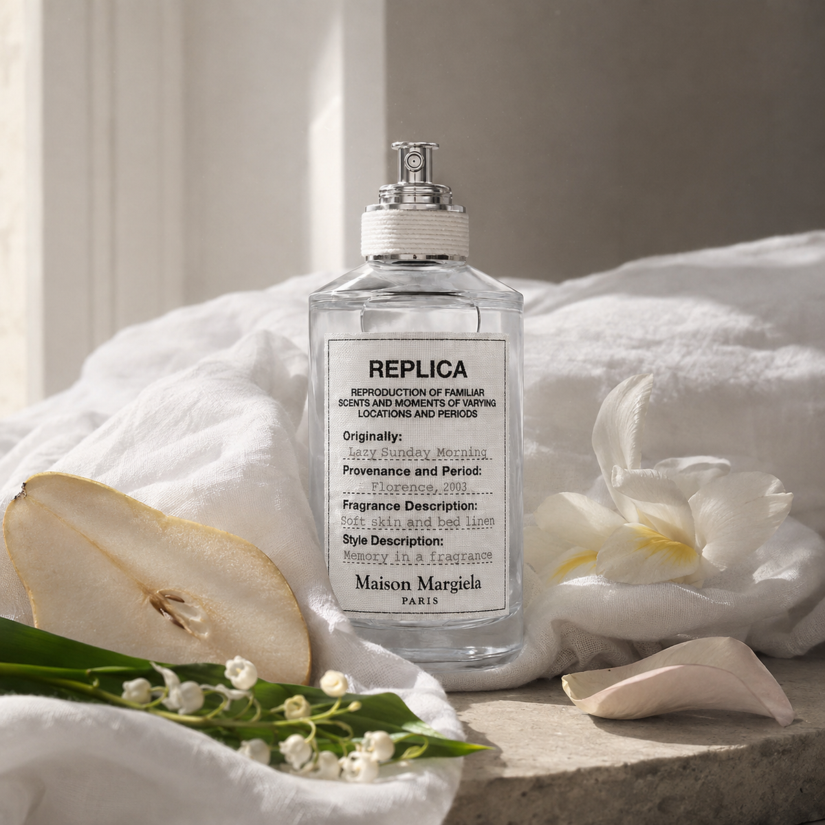 Maison Margiela Replica Lazy Sunday Morning – ranní zátiší s hruškou, konvalinkou, kosatcem a bílým pižmem – MrRizz