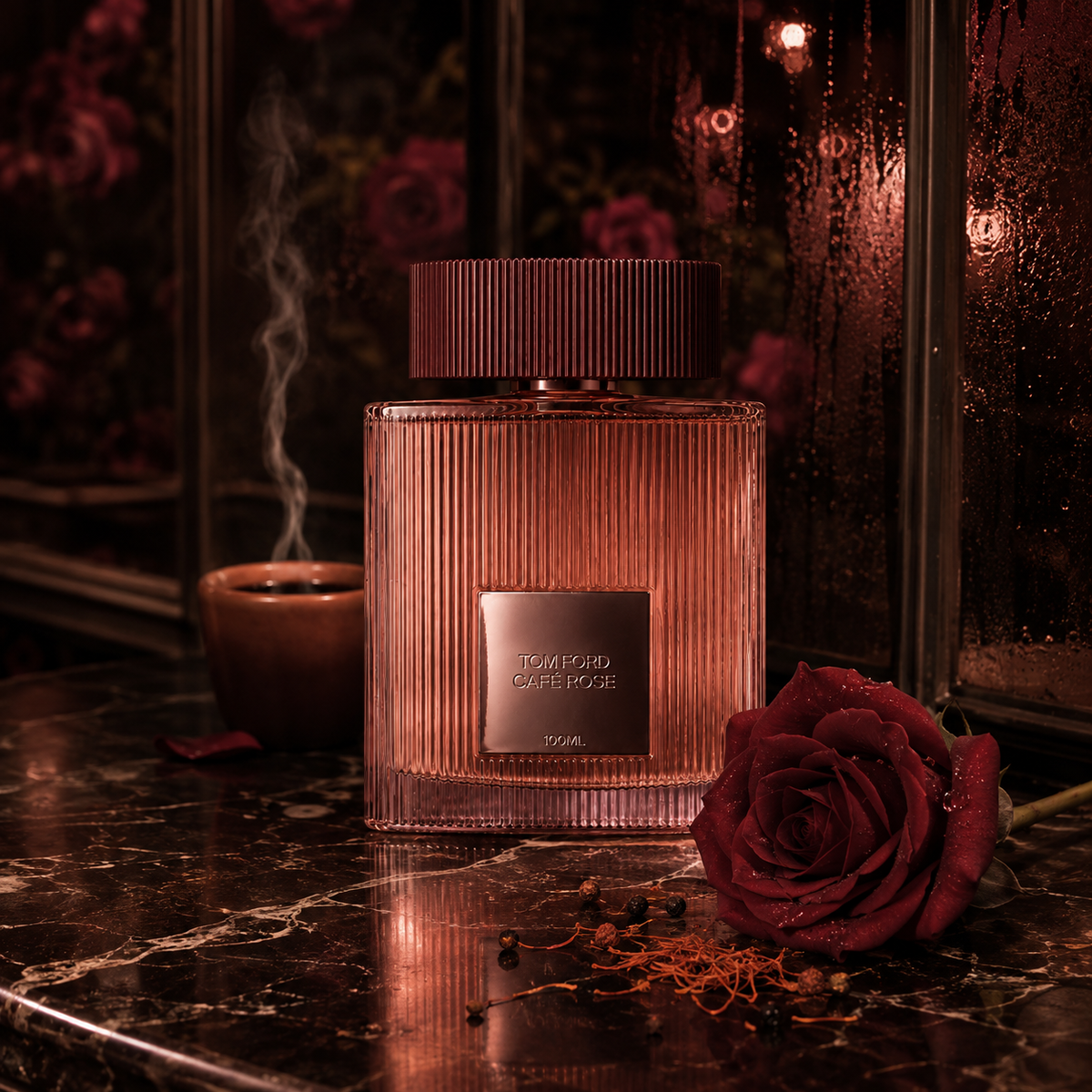 Tom Ford Café Rose v emocionální scéně s růží, kávou, šafránem a deštivým skleníkem – MrRizz