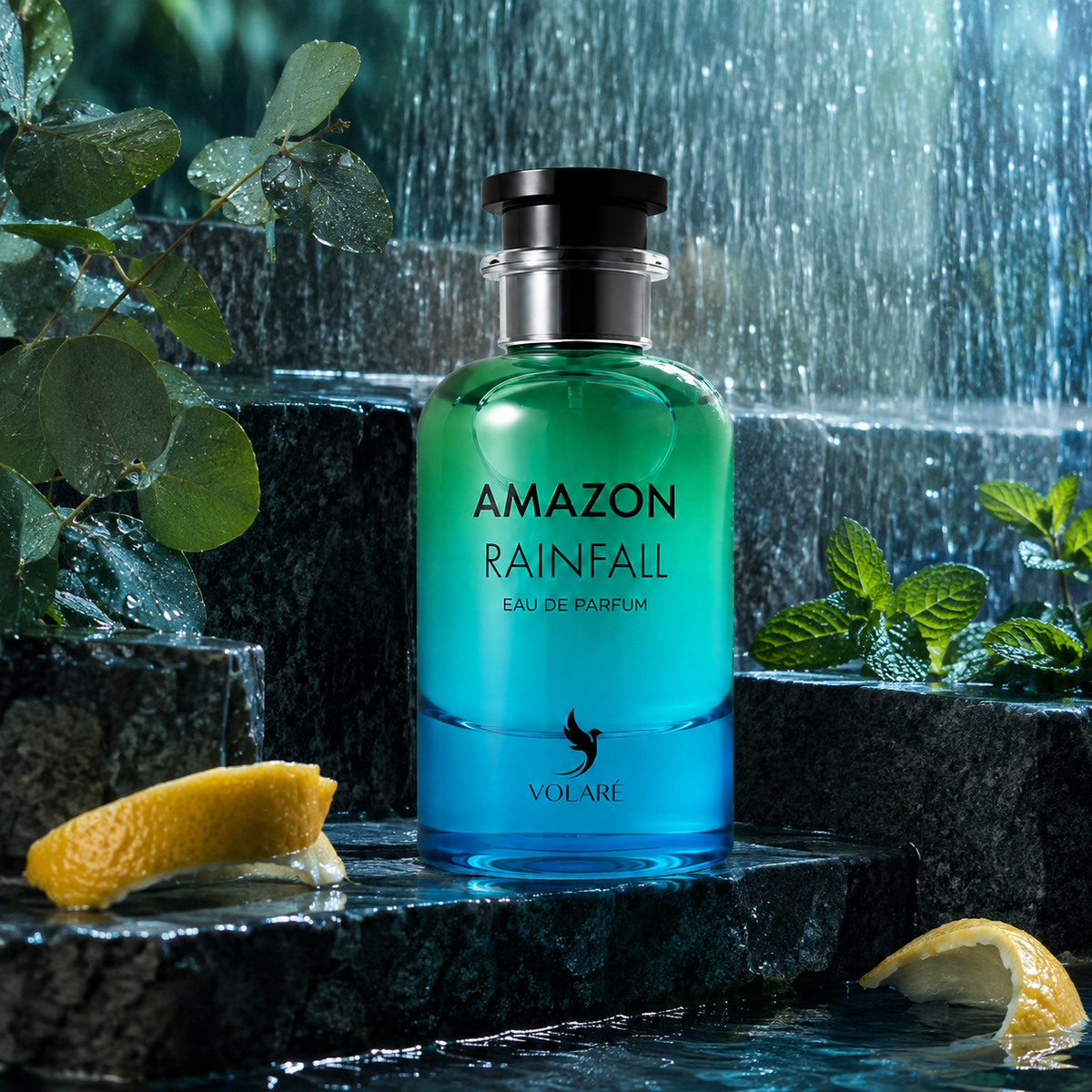Volare Amazon Rainfall na mokrých kamenných stupních s vodopádem, citronem a mátou – MrRizz