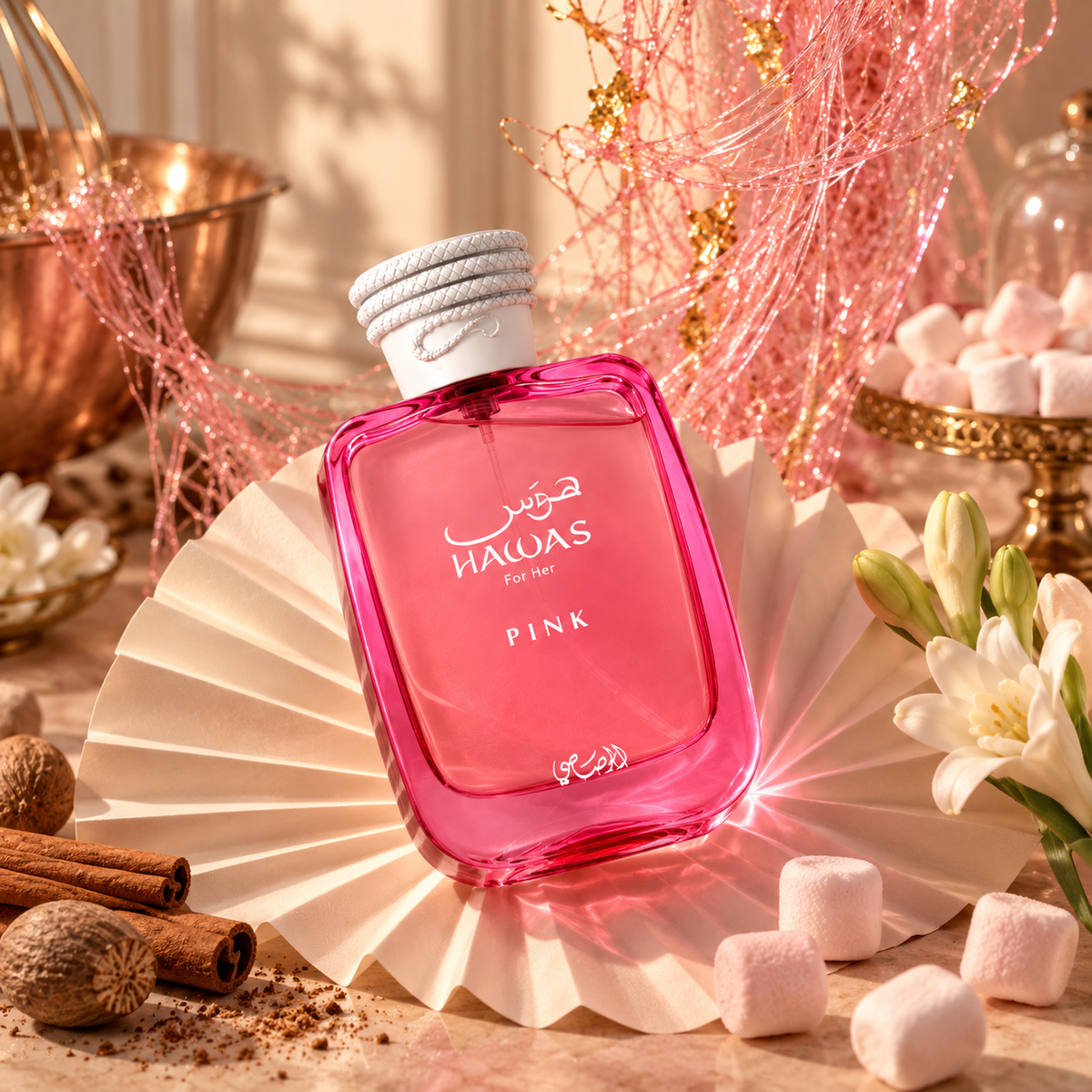 Rasasi Hawas Pink – fotografie parfému v prostředí – MrRizz