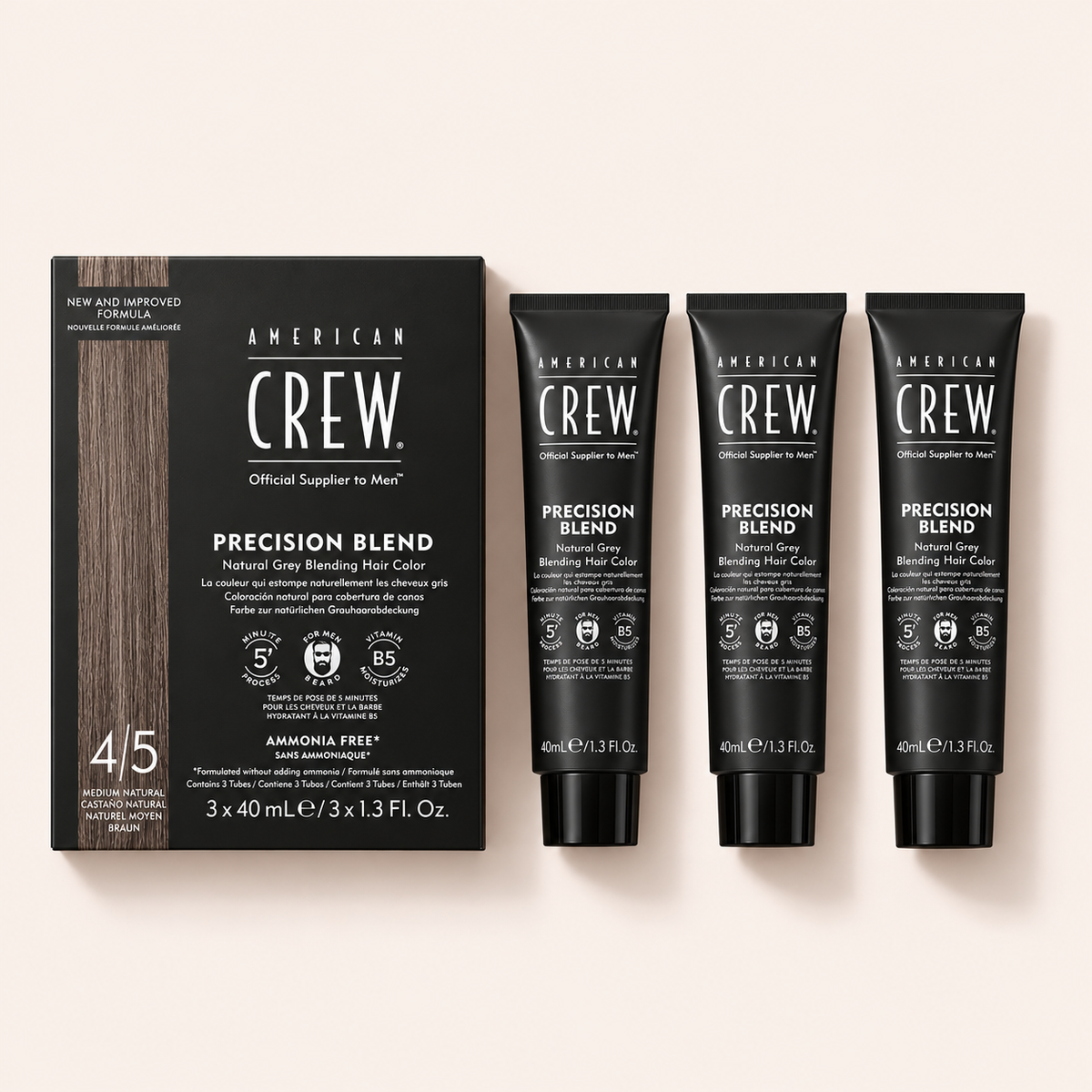 Barva na vlasy American Crew Precision Blend 4/5 Medium Natural 3×40 ml na béžovém pozadí – MrRizz