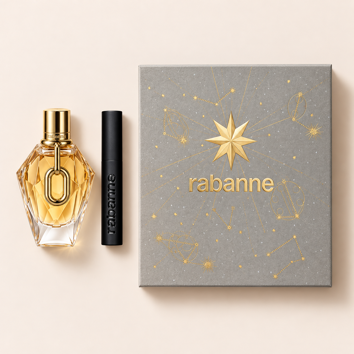 Dárková sada Rabanne Million Gold EDP 90 ml a Rockstar Mascara 8 ml na béžovém pozadí – MrRizz