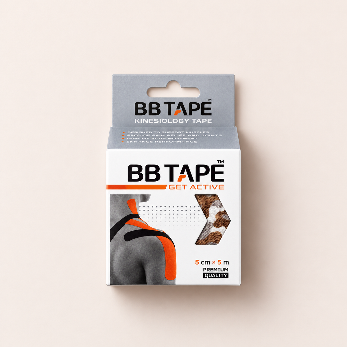 BB Tape Get Active – kineziologická páska Camo Brown 5 cm × 5 m