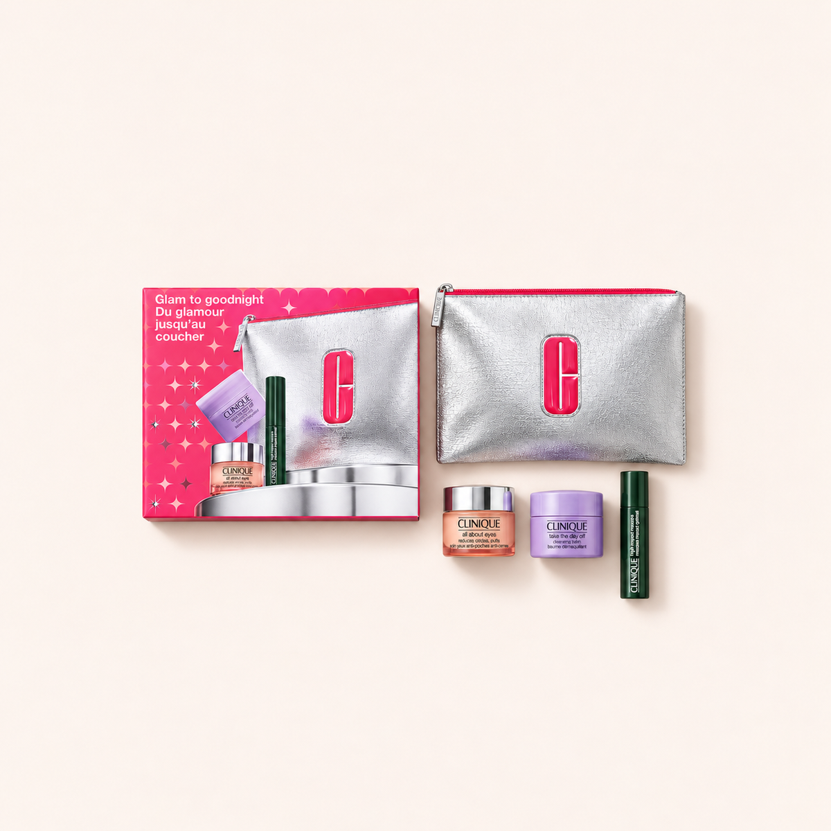 Clinique Glam To Goodnight All About Eyes – sada: oční krém 15 ml, odličovací balzám 15 ml, řasenka High Impact 3,5 ml a kosmetická taštička