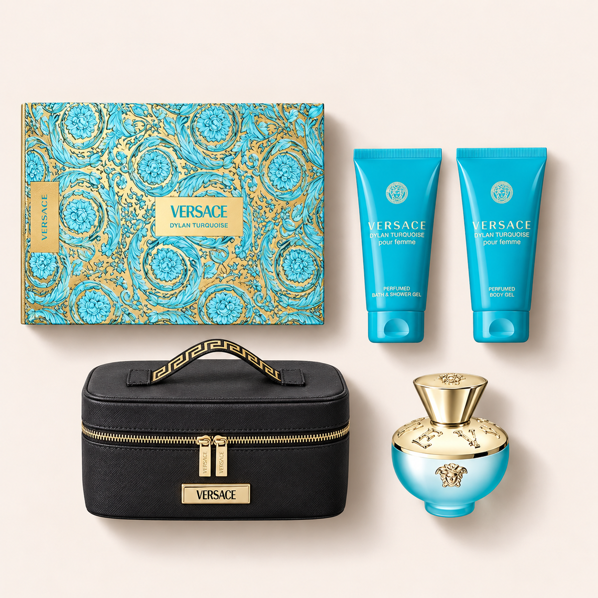 Dárkový set Versace Dylan Turquoise EDT 100 ml, sprchový gel 100 ml, tělový gel 100 ml a kosmetická taštička – MrRizz