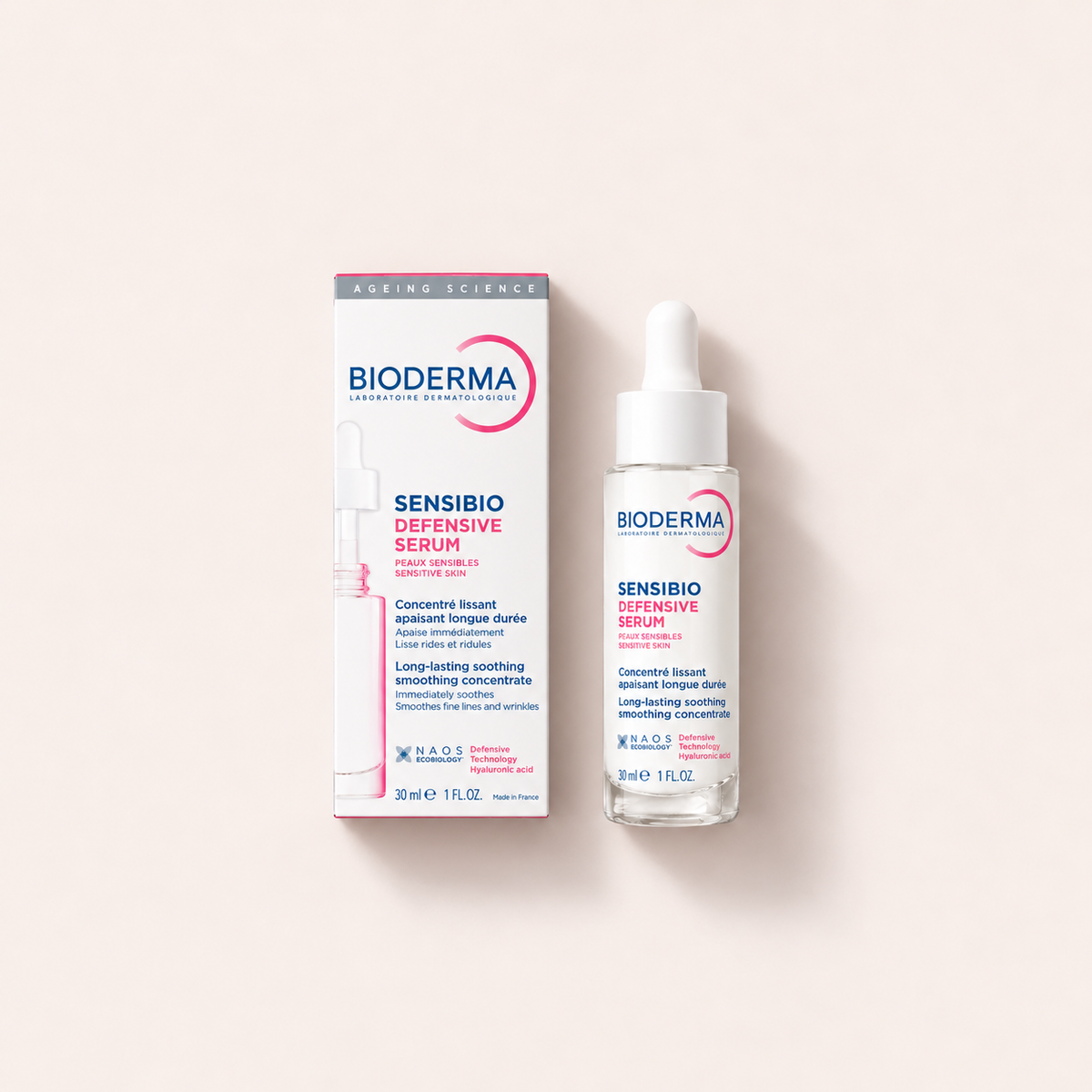 BIODERMA Sensibio Defensive Serum 30 ml – výrobek s odpovídajícím obalem vleže – MrRizz