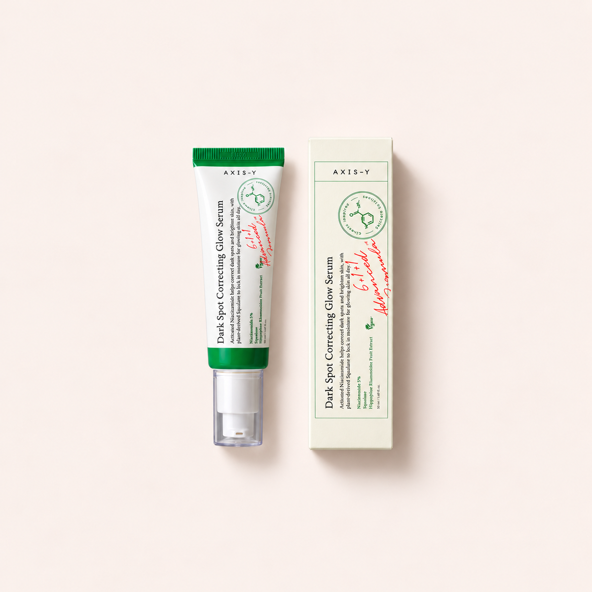 Axis-y 6+1+1 Dark Spot Correcting Glow Serum 50 ml – výrobek s odpovídajícím obalem vleže – MrRizz