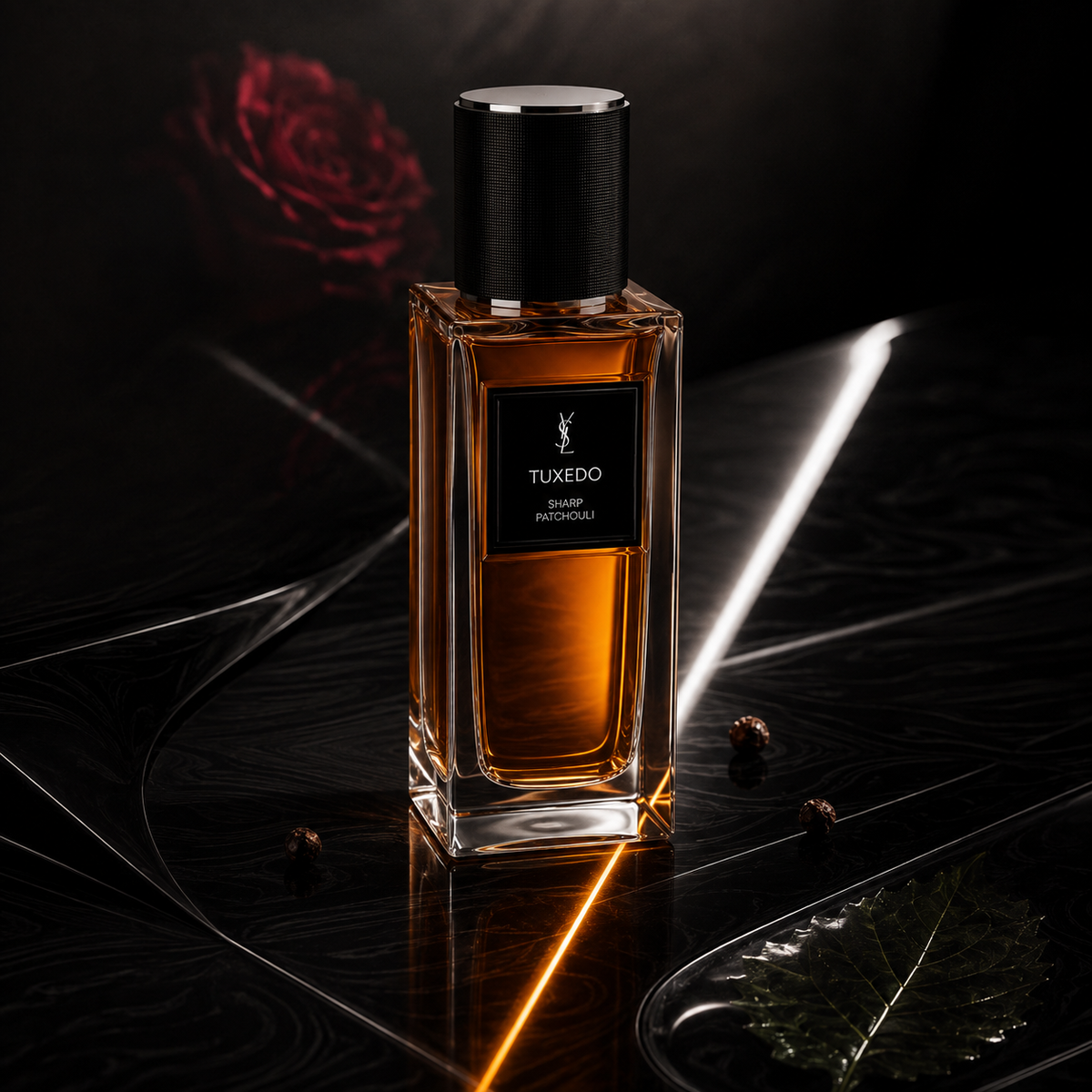 YSL Tuxedo EDP na černém povrchu s diagonálním světlem a červenou růží v pozadí – MrRizz