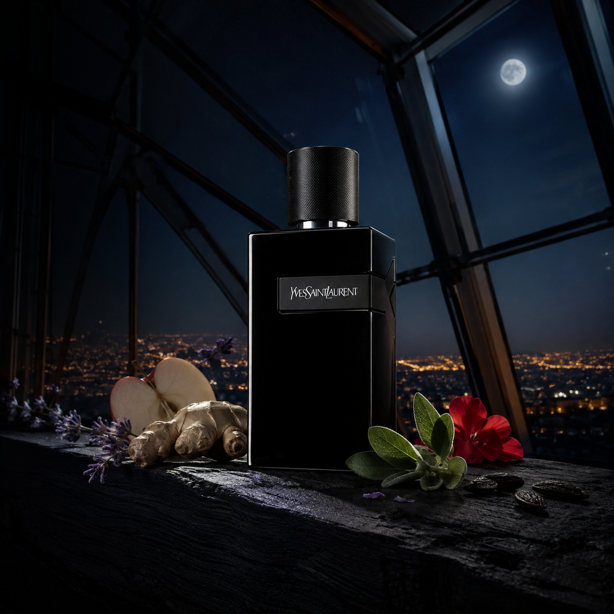 YSL Y Le Parfum – noční zátiší s jablkem, zázvorem, levandulí a cedrem